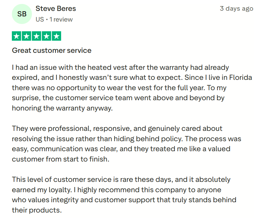 Original article review screenshot describing warranty support and clear communication
