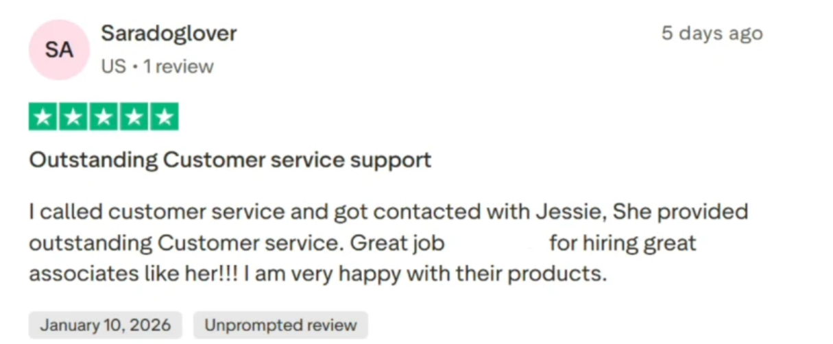 Original article review screenshot praising customer service support